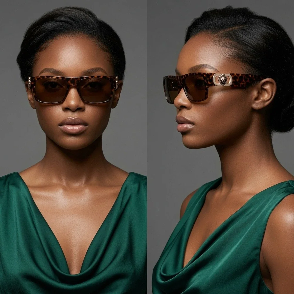 Womens Rectangular Tortoise Shell Sunglasses Gold Flat Top Brown Lens Luxury New